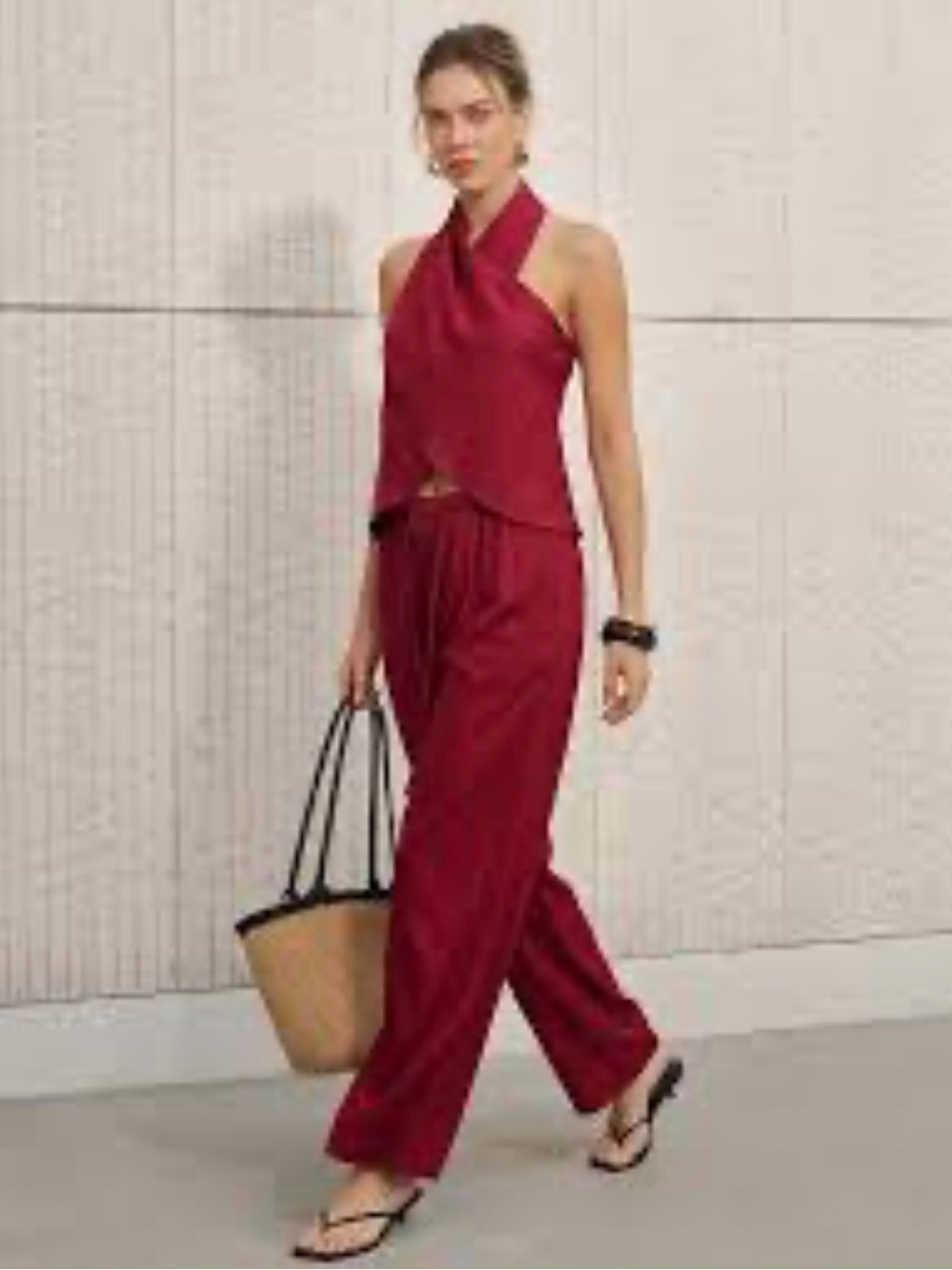 Commense Sleeveless Halter Wide-Leg Jumpsuit in Burgundy